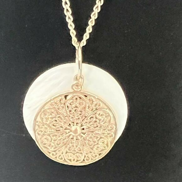 Silver Tone Necklace Filigree Floral Round Disk over White Enamel Disk - Picture 2 of 6